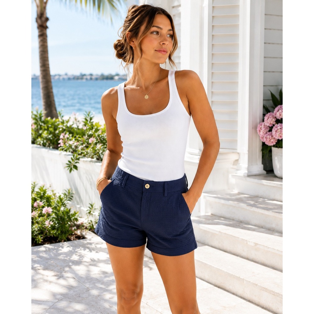 Lilly Pulitzer Callahan Short Seersucker Navy Blue Size 8 Preppy Textured